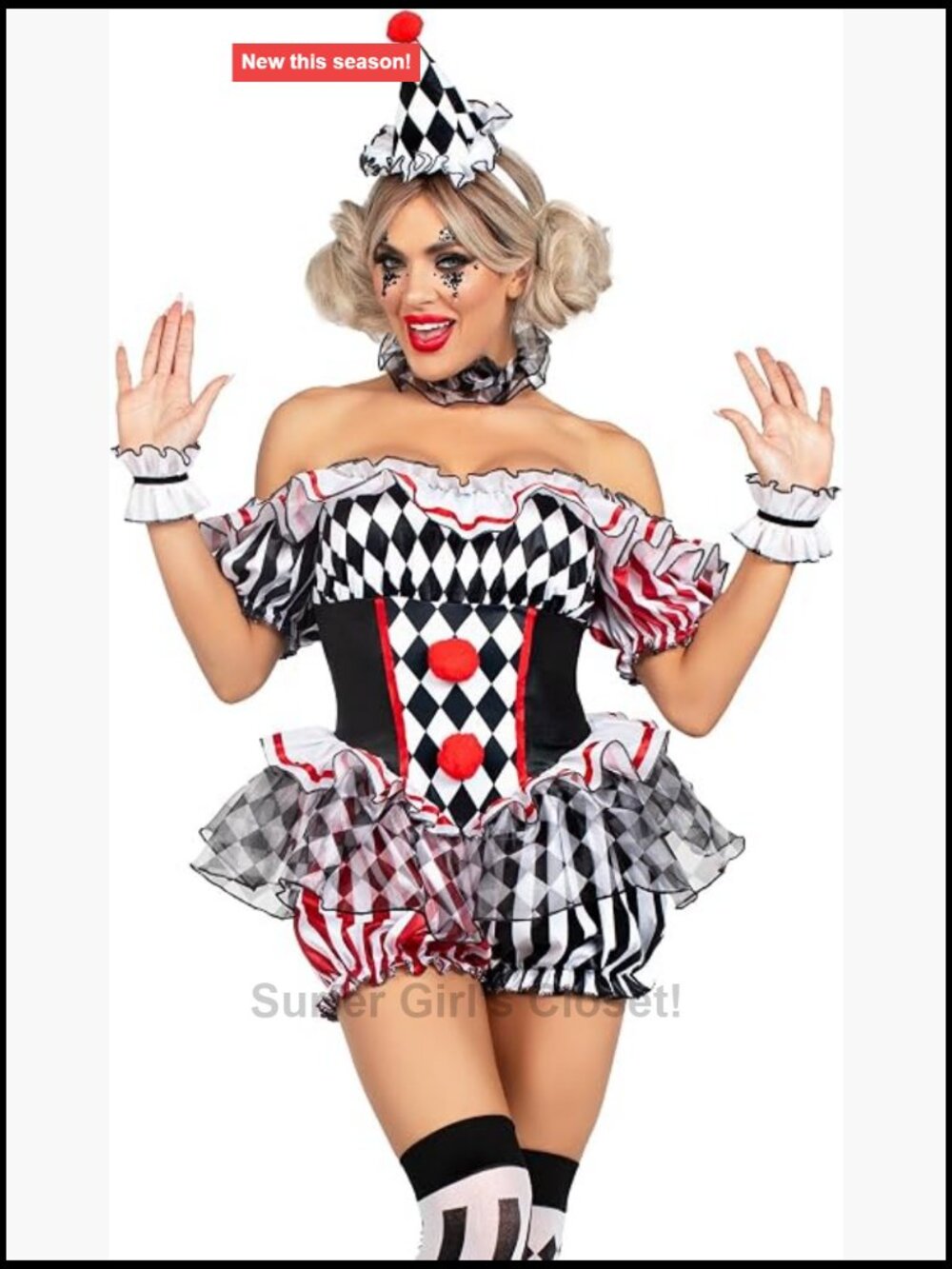 Women's Harlequin Sexy Clown Costume with Hat Headband